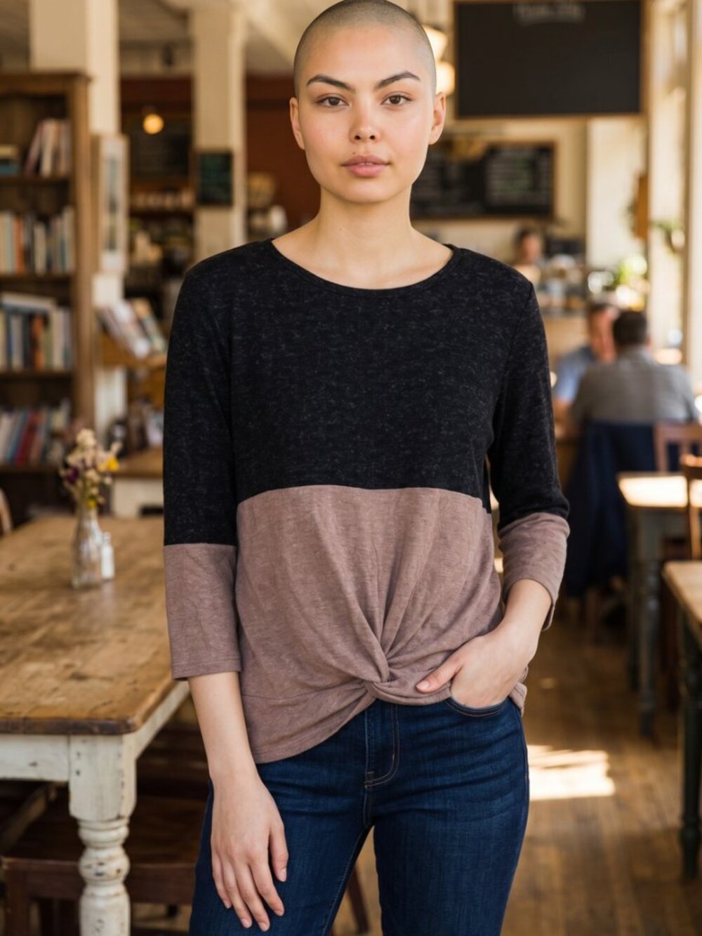 Market & Spruce Black and Brown Two-Tone Knot Front Top